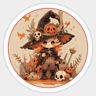 Enchanted Gathering: Adorable Witch and  Skulls in a Warm Palette Sticker